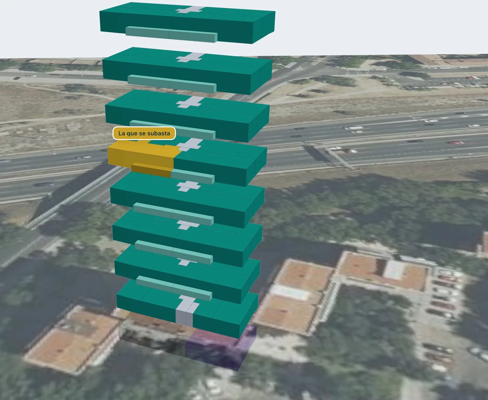 Edificio en 3D separado por plantas con la vivienda que se subasta marcada en oro