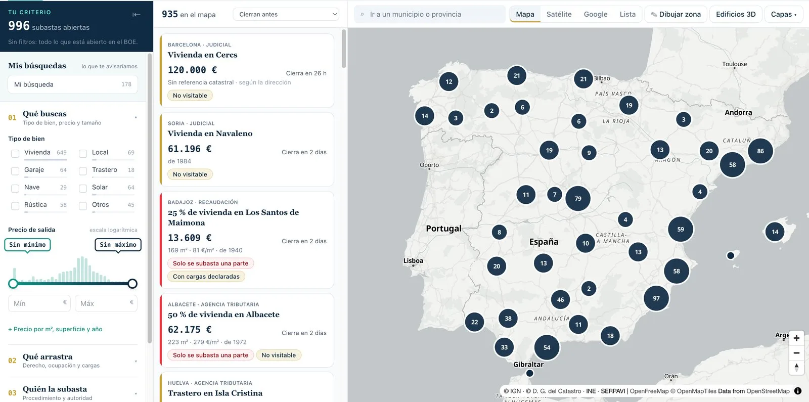 El mapa de GeoSubastas con todas las subastas de España agrupadas, los filtros y el listado